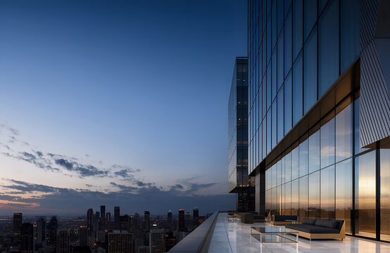 Premium Real Estate Banner showcasing modern skyscraper with reflective glass facade sunset cityscape panoramic skyline terrace balcony and exclusive contemporary lifestyle design generated ai