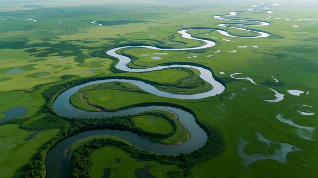 Aerial View of Meandering River Windings Through Lush Green Grasslands