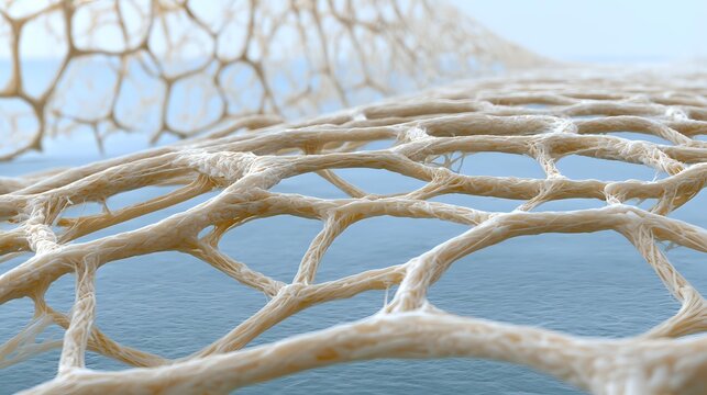 Ultra detailed nanofiber scaffold supporting regenerative biomaterial structures beneath clean clinical lighting advanced tissue engineering visualization sharp focus