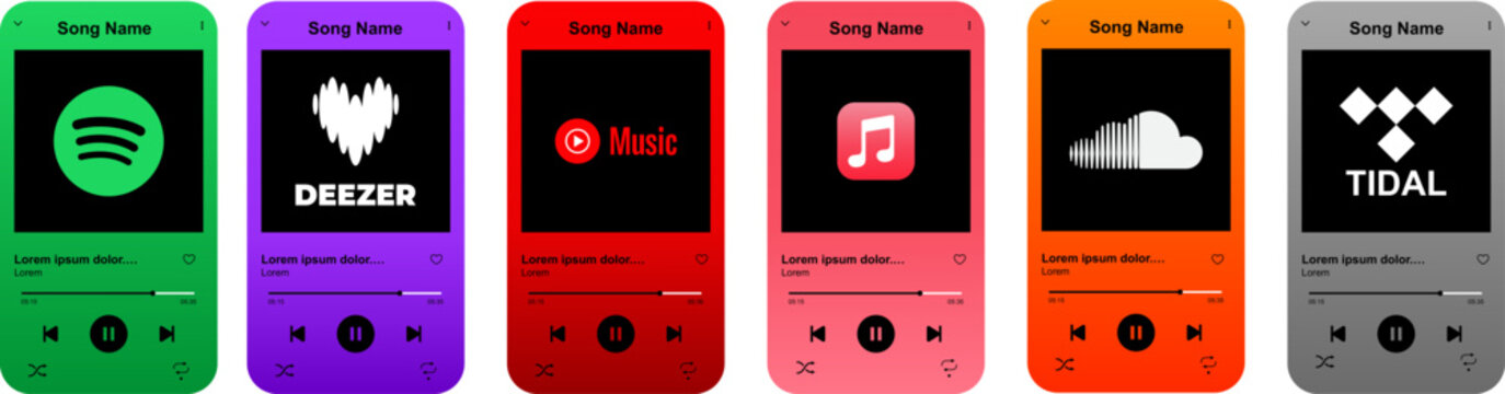Player screens for mobile music streaming apps, colorful audio interface designs, collection of vector media players