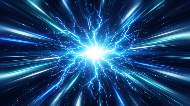 Electric blue lightning bolts radiate from a central bright white light source in deep space