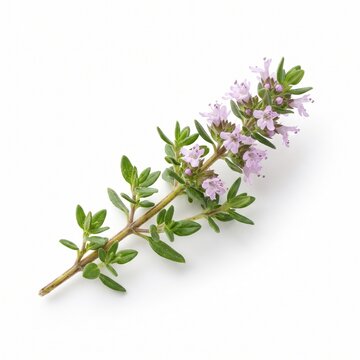 Fresh flowering thyme sprig on white background, blooming herbal thyme branch with purple flowers, organic culinary herb