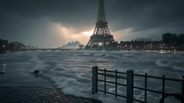 Paris, France, Europe. A moody, atmospheric portrayal of the Eiffel Tower in Paris, France. The scene is set against a stormy sky with dark clouds and a lightning bolt striking the tower.