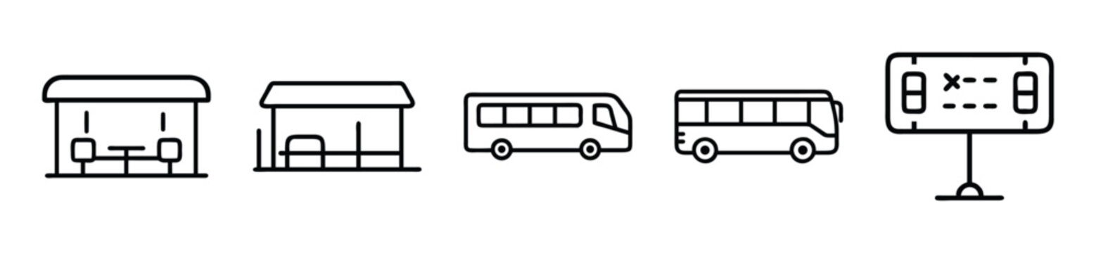 Minimalist bus stop line icons, public transport station vector set, urban transit vehicle and schedule board graphics