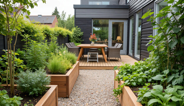 Home gardening concept with organized wooden raised beds and outdoor dining area