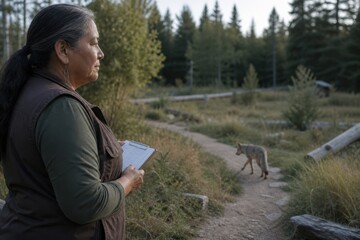 Naklejka premium Veterinary Rehabilitation Wildlife Rehabilitator Observing Fox Standing