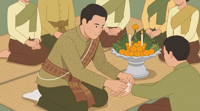 Man performing traditional Lao baci ceremony with cord tying in cultural setting