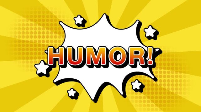 Humor text word lettering popup comic cartoon reveal with bomb and smoke explosion manga anime book page dots with radial speed lines doodle yellow background with seamless loop animation retro clip