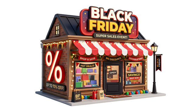 Black Friday super sales event storefront, 3D retail shop with discount percentage sign, miniature boutique building for holiday shopping