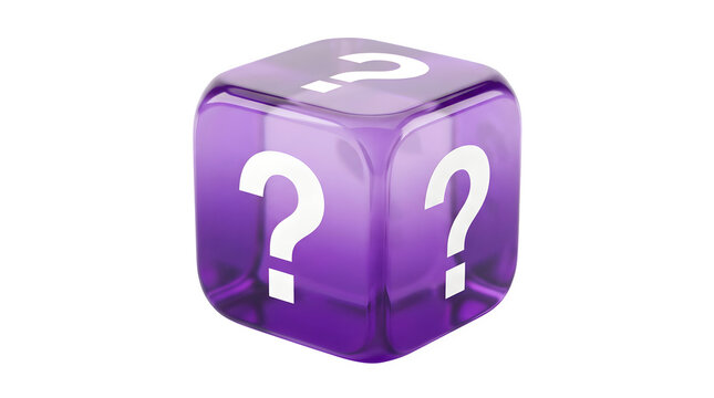 Purple translucent question mark dice, 3D glass cube with mystery symbols, glossy gaming die for decision making