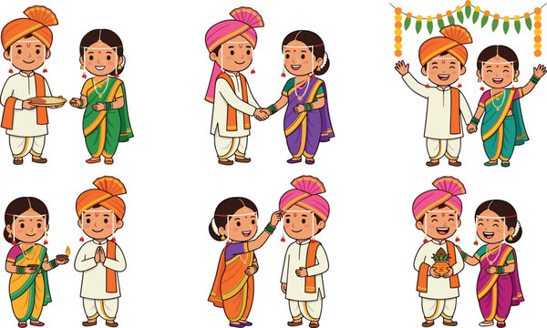 Maharashtrian Wedding Cute Couple Character Vector Set Featuring Bride and Groom in Traditional Nauvari Saree, Dhoti, Pheta Turban, and Mundavalya for Marriage Designs