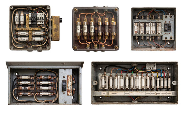 A collection set of various open vintage metal electrical distribution boxes and fuse panels showcasing internal wiring, ceramic cartridge fuses, circuit breakers, and copper busbars, isolated on a tr
