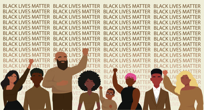 BLM Movement Banner Background - Silhouette People Raising Hands on White