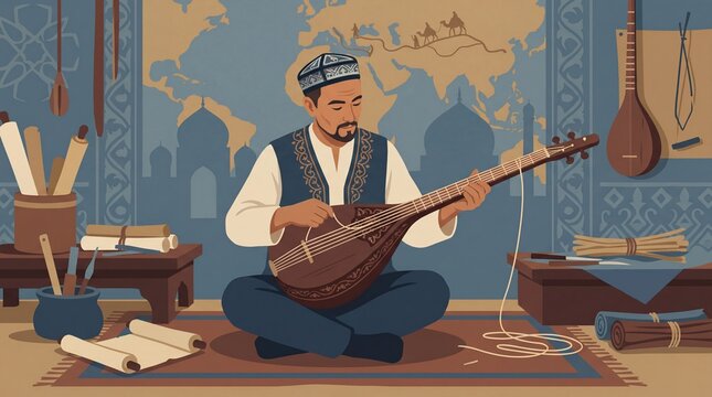 Man playing traditional uyghur duttar lute in cultural workshop setting