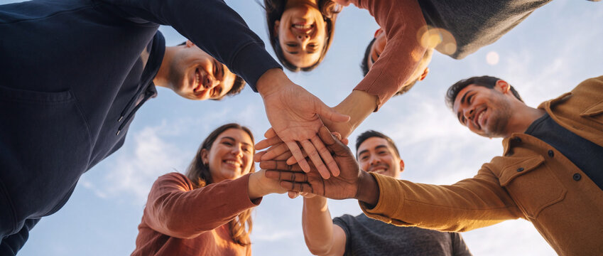 Hands together in unity by diverse friends joining hands outdoors under a bright blue sky, photographed from a low angle for teamwork, cooperation, community, and solidarity campaigns