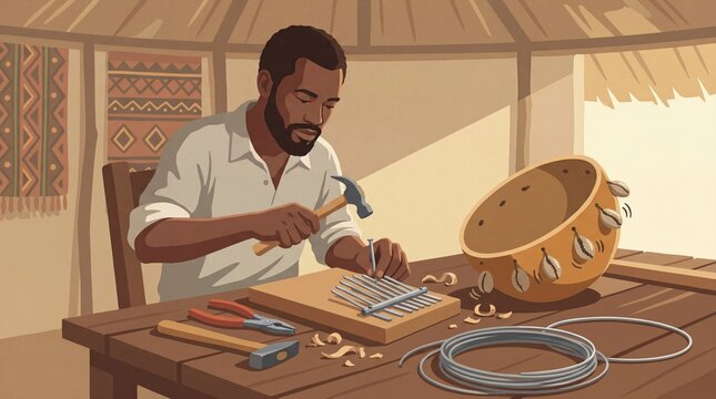 Man crafting traditional mbira instrument in a rustic workshop for cultural music