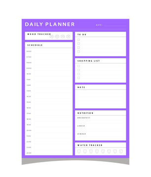 Daily planner template with hourly schedule mood water tracker nutrition meal log 