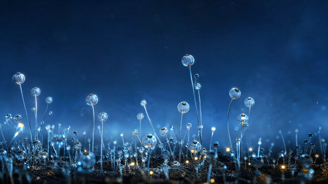 Bioluminescent glowing mushrooms in dark blue forest, mystical fungi with glass texture, magical fantasy nature background