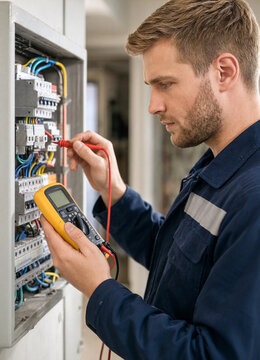 Electrician uses a digital multimeter to test wiring inside an open electrical panel, holding probes to terminals while checking readings.