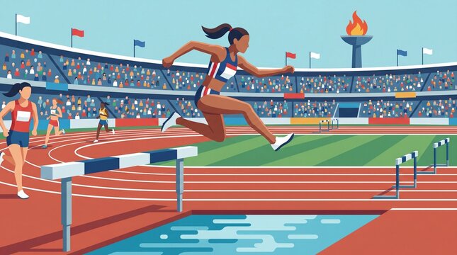 Athlete jumping over hurdle in competitive steeplechase at sports stadium