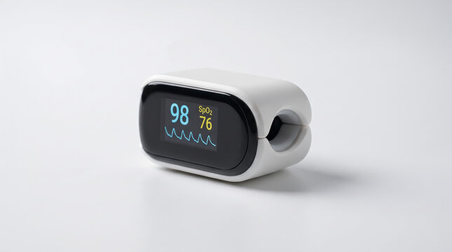 Digital pulse oximeter device featuring a clear led display showing oxygen saturation levels and heart rate readings placed on a clean white studio background for modern medical monitoring device phot