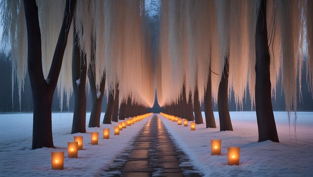 Romantic winter forest path with glowing lanterns leading into snowy twilight serenity