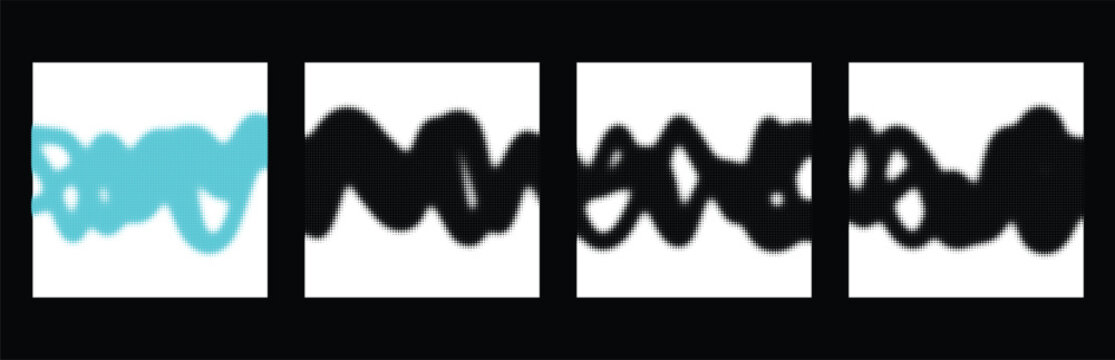 Abstract halftone wavy lines and shapes set in cyan and black colors for creative graphic design Vector