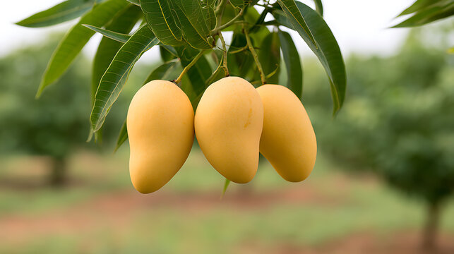 Fresh yellow mango fruits hanging on tree branch in orchard plantation, Mangifera indica scientific name, tropical agriculture harvest produce