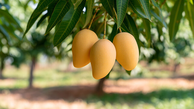 Fresh ripe mango fruit hanging on tree branch in tropical orchard farm, Mangifera indica sweet agriculture harvest produce food nature summer