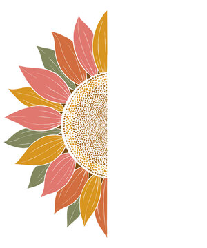 Retro 70s half sunflower bohemian floral vector illustration