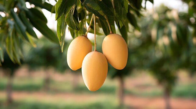 Fresh mango fruit (Mangifera indica) hanging on lush green tree branch in tropical orchard plantation ready for harvest and healthy food market