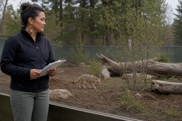 Naklejka premium Veterinary Rehabilitation Wildlife Specialist Observing Fox Recovery