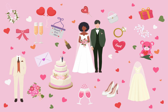 Wedding Celebration Vector Set - Romantic Bridal Icons on Pink Background