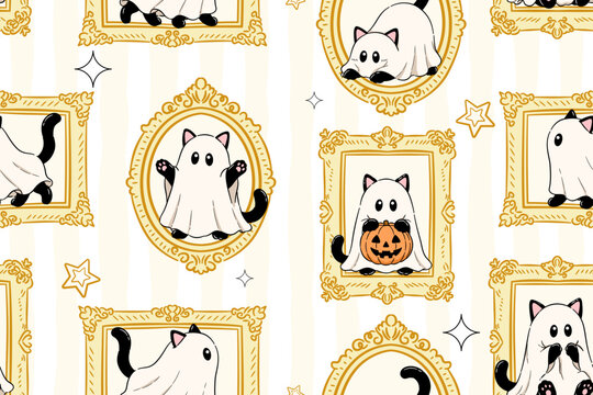 Cute Halloween ghost cat seamless pattern with adorable cats dressed as ghosts inside ornate golden vintage frames, pumpkins and stars on a cream background