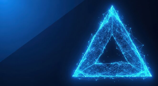 Glowing blue triangle shape made of digital network lines and dots illustration