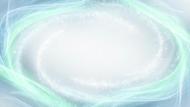 Abstract flowing mint and ice blue light trails frame a bright center on a soft white background, evoking calm energy and renewal