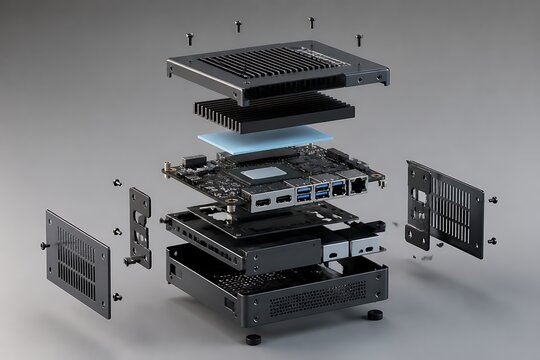 Exploded view of a mini computer hardware assembly showing internal electronic components.