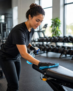 Professional female cleaner disinfecting padded gym equipment with spray bottle and microfiber cloth in a bright fitness center, emphasizing hygiene, sanitation, wellness, and member safety.
