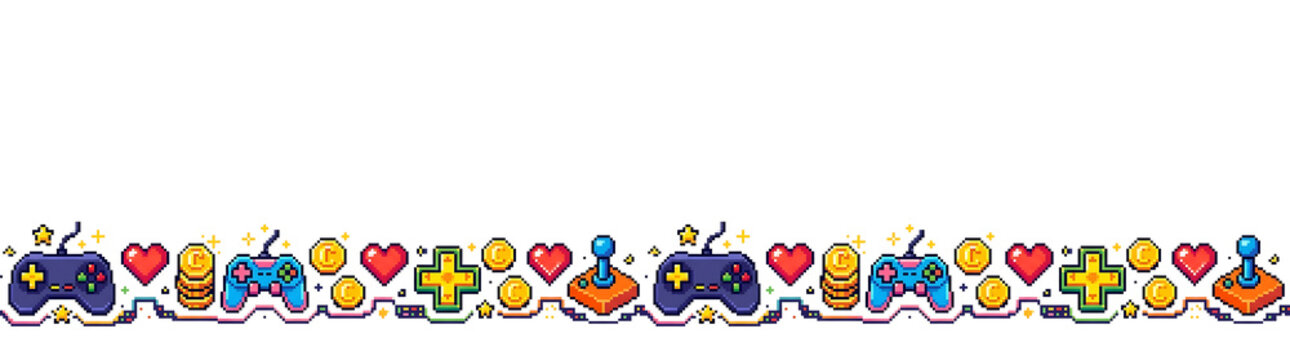 Retro pixel art gaming border with controllers. hearts. coins. and stars Fun arcade elements