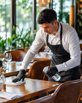 Restaurant worker sanitizing a wooden dining table with spray bottle and cloth before service in a sunlit modern dining room, showing hospitality hygiene and food service cleanliness.