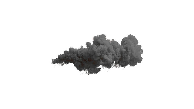 Dense dark smoke plume and billowing cloud isolated on white background