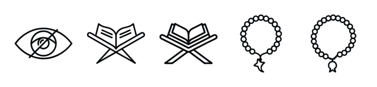 Islamic line icons set, religious symbols including Quran on stand and prayer beads, 5 vector elements for Ramadan and Eid designs