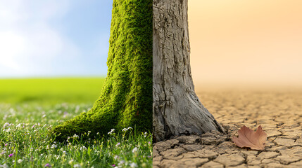 Fototapeta premium Conceptual contrast of climate change showing lush green tree trunk with vibrant grass versus dry cracked earth and dead tree in drought