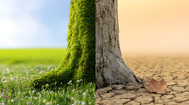 Conceptual contrast of climate change showing lush green tree trunk with vibrant grass versus dry cracked earth and dead tree in drought