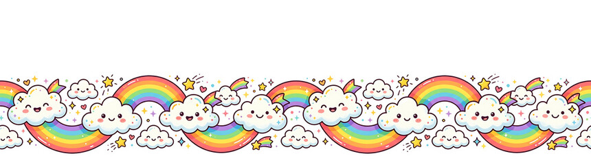 Naklejka premium Whimsical rainbow and cute smiling clouds border with sparkling stars and hearts. cartoon style
