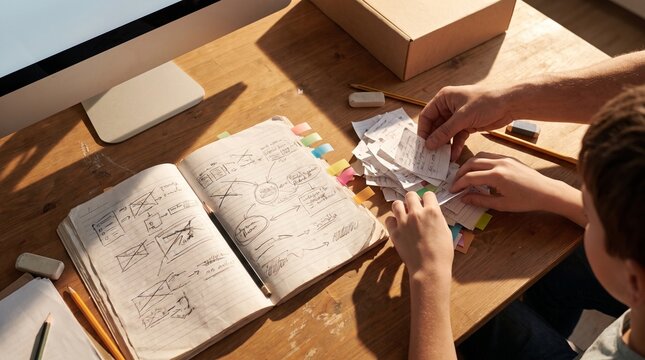 Hands organize revised study notes beside a classroom lesson display