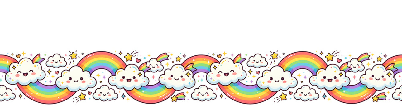 Whimsical rainbow and cute smiling clouds border with sparkling stars and hearts. cartoon style