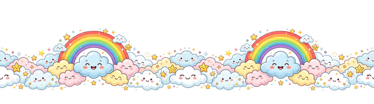 Cute smiling clouds and stars border with a vibrant rainbow. kawaii cartoon illustration