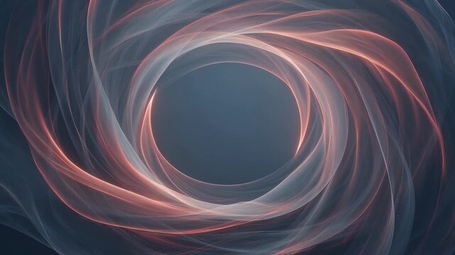 Abstract flowing light ribbons create a circular frame in dark blue space, suggesting energy, motion, technology, and mystery