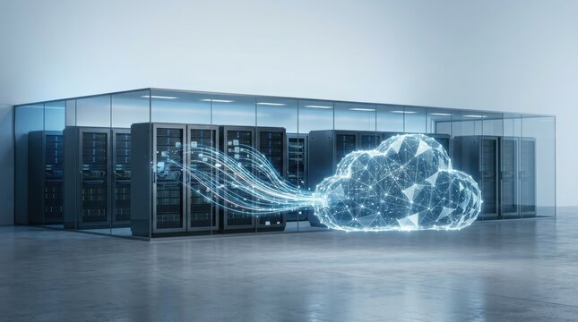 Glowing digital cloud network connection emerging from server racks inside a modern glass data cente